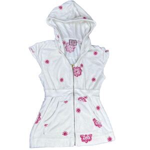 Juicy Couture Y2K Terry Hooded Zip Cover Up White Pink Embroidered Top Size S